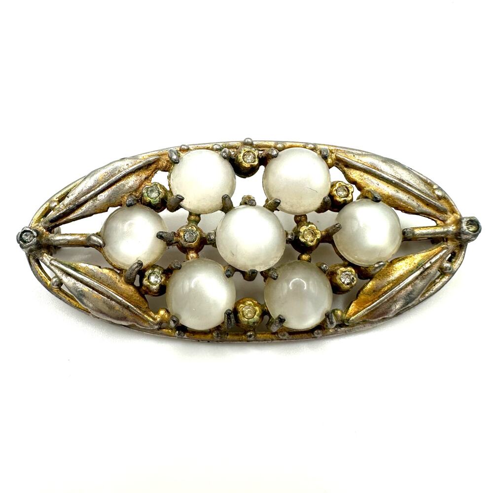 Vintage 1940s gold tone white moonglow lucite clear rhinestones brooch